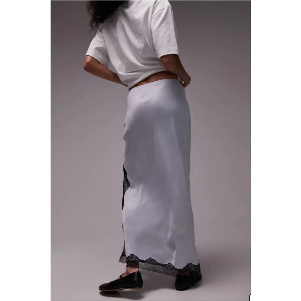 TOPSHOP Lace Trim Satin Maxi Skirt Light Blue Size 8 - Picture 3 of 10